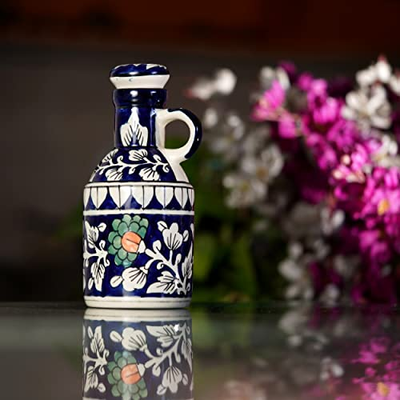 Freakway Ceramic Blue Floral Art 500 ML Oil Dispenser for Kitchen, Oil Bottle,Oil Sprayer,Vinegar Bottle for Kitchen Storage/100% Food & Microwave Safe| 1 Piece-Orange & White
